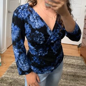 Ann Taylor Blue and black flower V-neck top